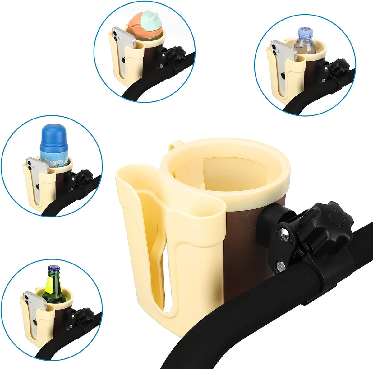 Stroller Cup Holder with Phone Keys Holder, 3-in-1 Universal Cup Holder, Drinks Bottle Holder for Stroller, Bike, Wheelchair, Walker, Scooter