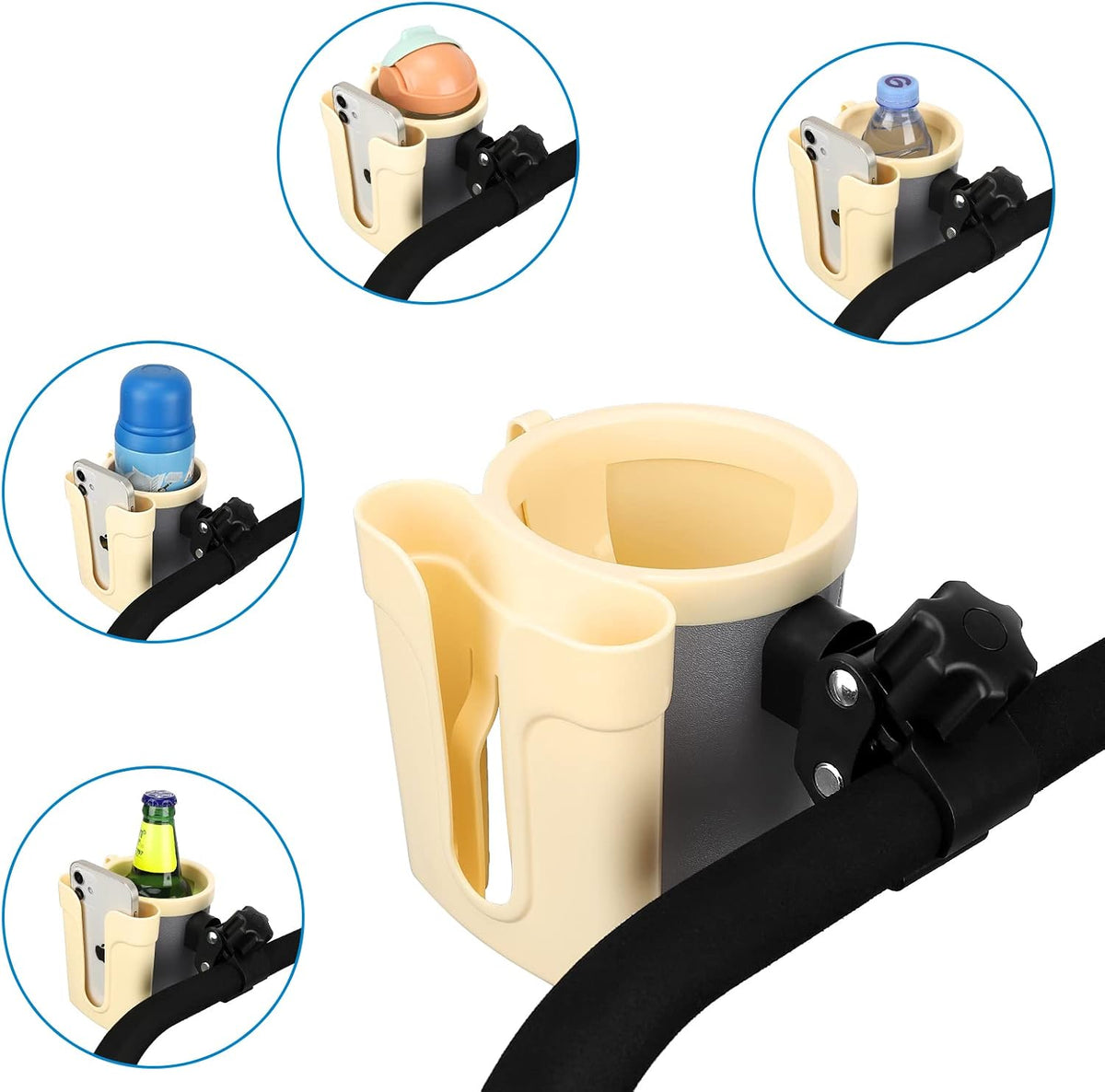 Stroller Cup Holder with Phone Keys Holder, 3-in-1 Universal Cup Holder, Drinks Bottle Holder for Stroller, Bike, Wheelchair, Walker, Scooter