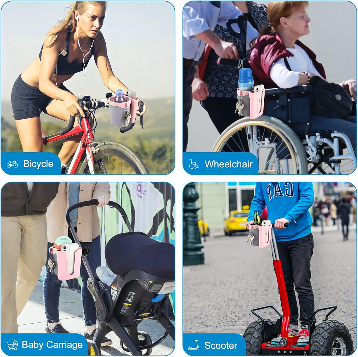 Stroller Cup Holder with Phone Keys Holder, 3-in-1 Universal Cup Holder, Drinks Bottle Holder for Stroller, Bike, Wheelchair, Walker, Scooter