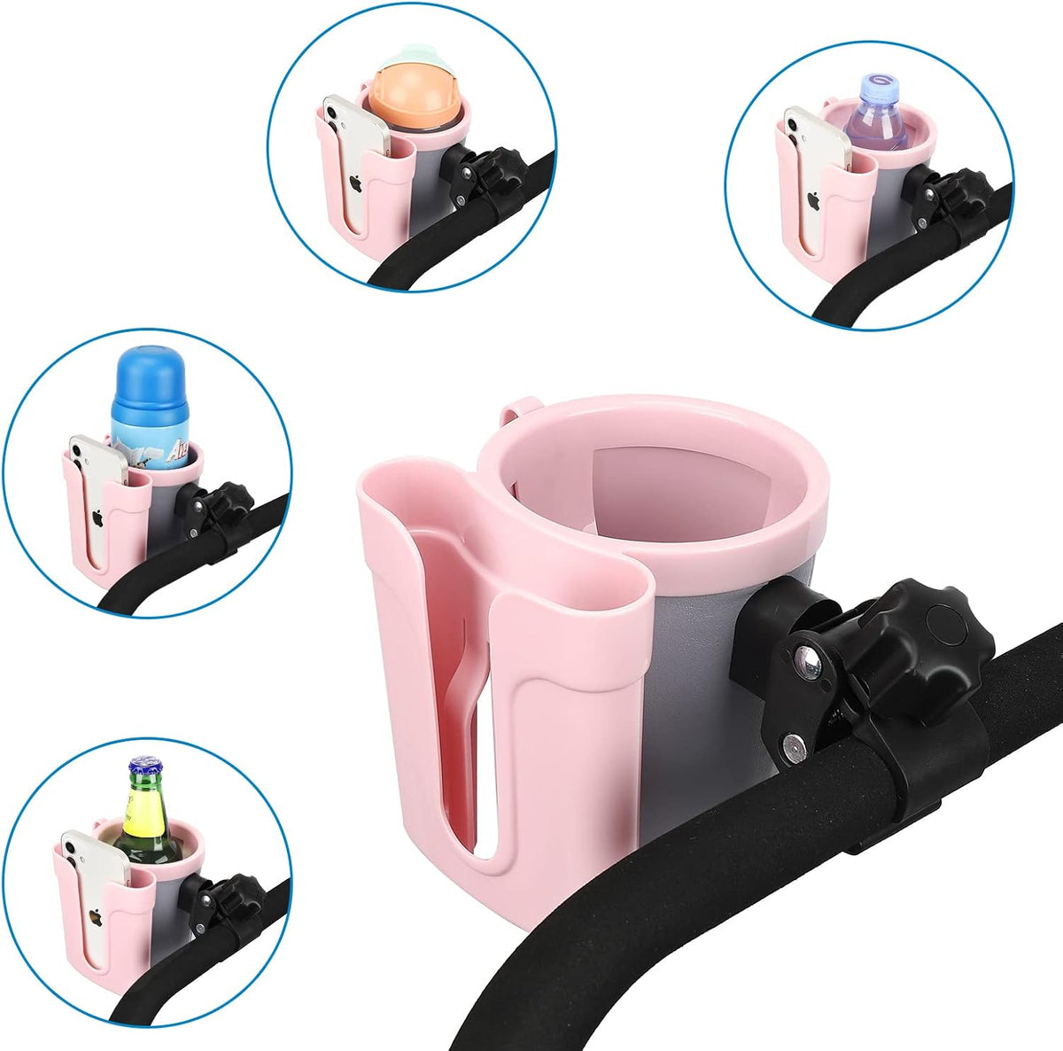 Stroller Cup Holder with Phone Keys Holder, 3-in-1 Universal Cup Holder, Drinks Bottle Holder for Stroller, Bike, Wheelchair, Walker, Scooter