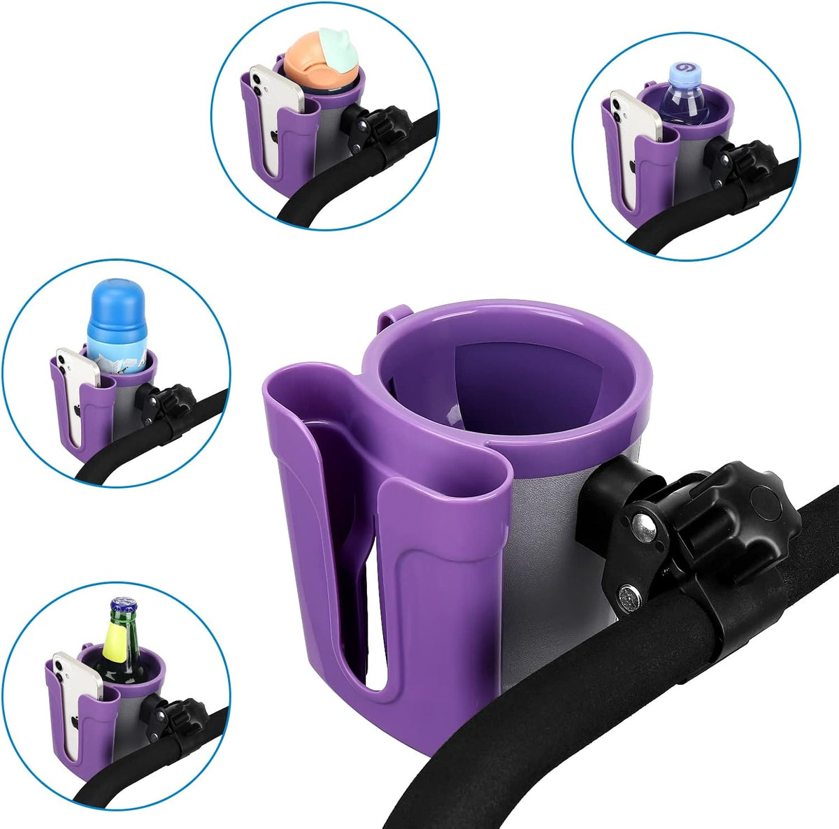 Stroller Cup Holder with Phone Keys Holder, 3-in-1 Universal Cup Holder, Drinks Bottle Holder for Stroller, Bike, Wheelchair, Walker, Scooter