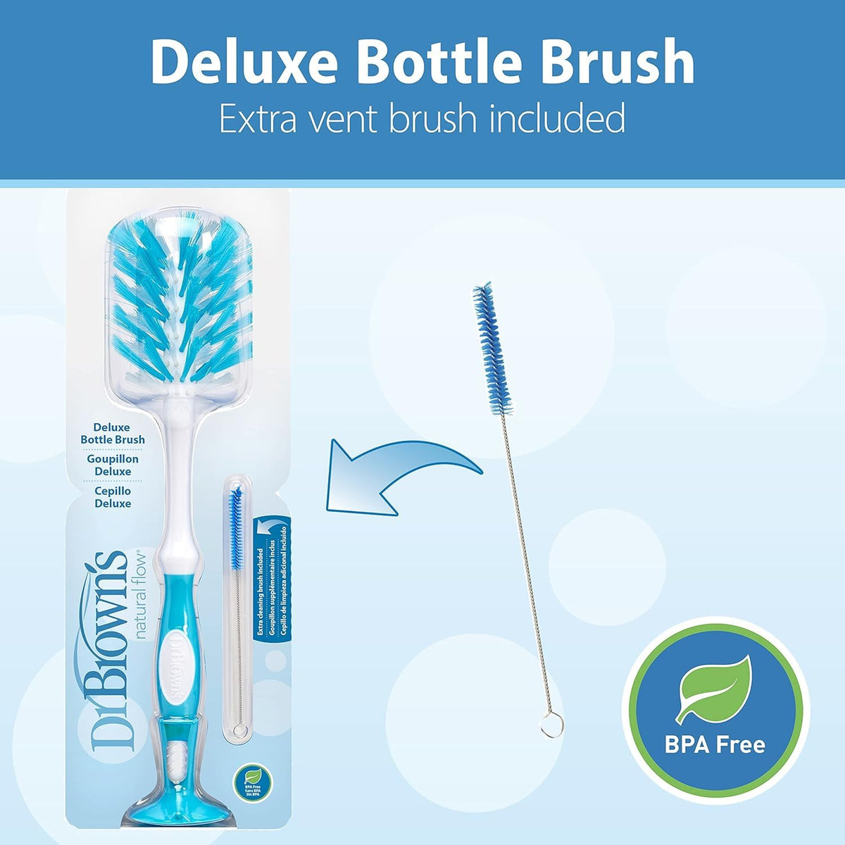 Deluxe Baby Bottle Cleaning Brush with Vent Brush, 1-Pack + Anti-Colic Options+ Vent/Reservoir Cleaning Brushes, BPA-Free, Blue, 5 Count