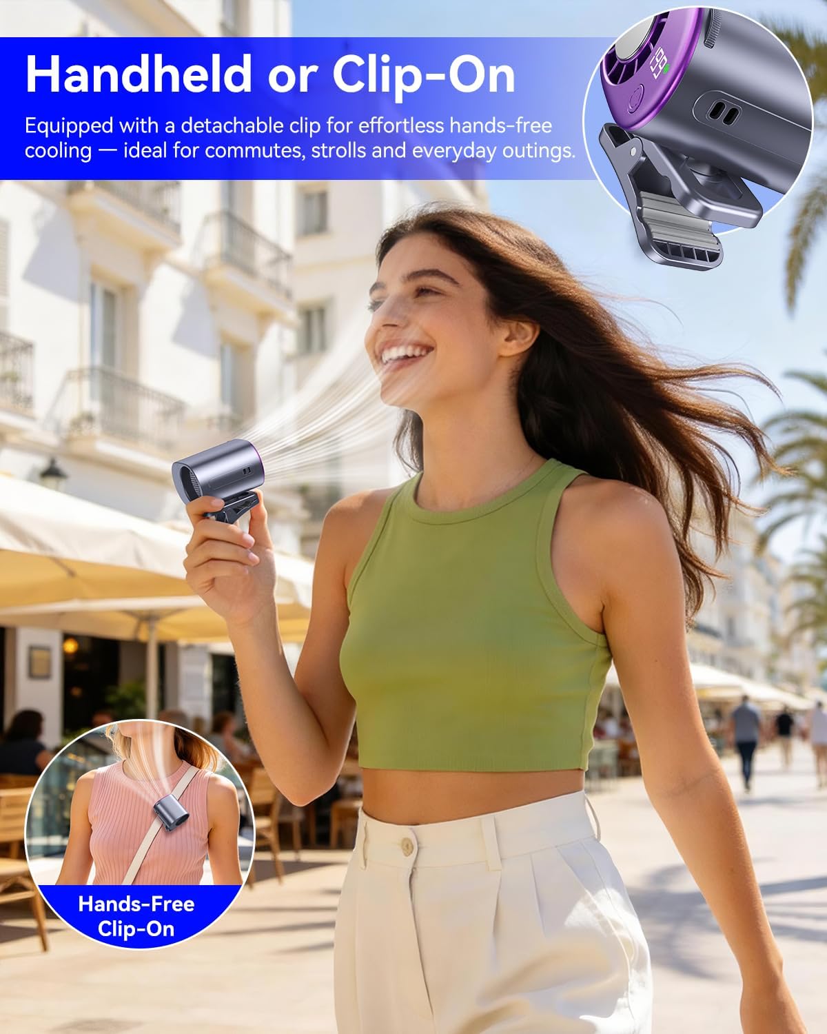 Clip-On Portable Fan with Ice Cooling, 20000 RPM Rechargeable Handheld Turbo Fan, 360° Rotating Detachable Clip, Mini Stroller Fan for Baby, Compact Travel Essentials, Summer Gifts for Women,Grey