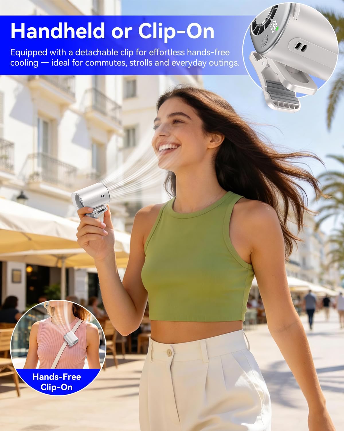 Clip-On Portable Fan with Ice Cooling, 20000 RPM Rechargeable Handheld Turbo Fan, 360° Rotating Detachable Clip, Mini Stroller Fan for Baby, Compact Travel Essentials, Summer Gifts for Women,Grey
