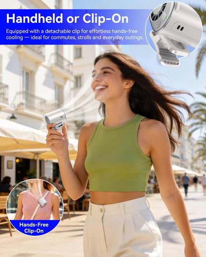 Clip-On Portable Fan with Ice Cooling, 20000 RPM Rechargeable Handheld Turbo Fan, 360° Rotating Detachable Clip, Mini Stroller Fan for Baby, Compact Travel Essentials, Summer Gifts for Women,Grey