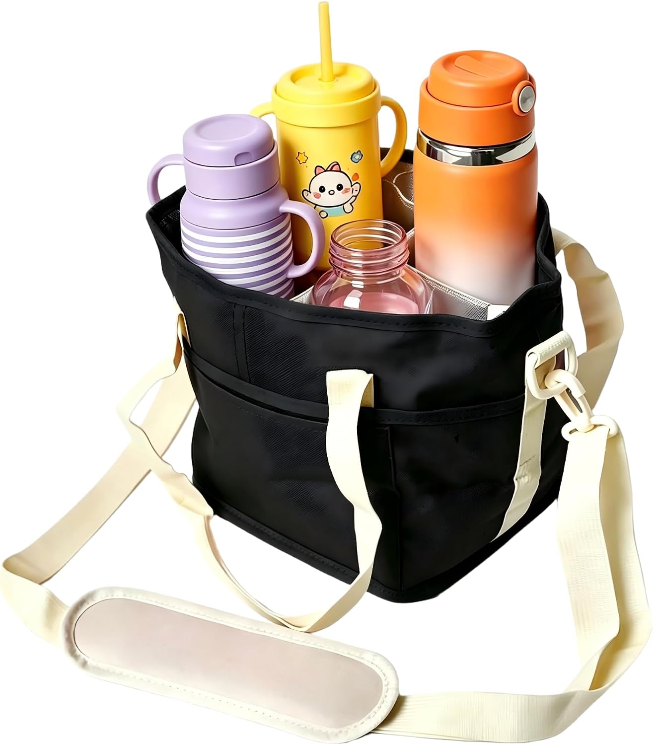 No-Spill Car Drink Carrier Bag, 2026 New 4 Compartment Drink Bag, Family Size 4 Compartment Drink Bag for Picnic Insulated Drink Carrier with Front Pocket for Travel Portable Tumbler Tote (Black)