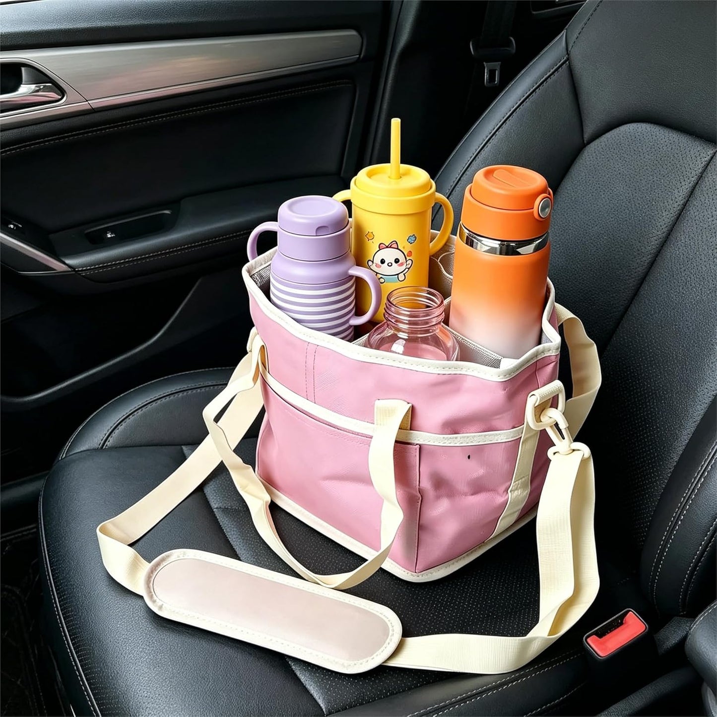 No-Spill Car Drink Carrier Bag, 2026 New 4 Compartment Drink Bag, Family Size 4 Compartment Drink Bag for Picnic Insulated Drink Carrier with Front Pocket for Travel Portable Tumbler Tote (Black)