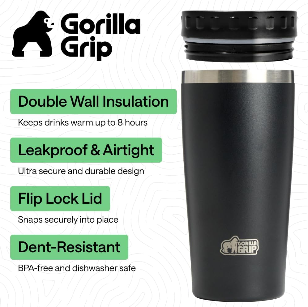 304 Stainless Steel Double Insulated Travel Coffee Mug, Leakproof Lid with Smooth Sip Top, Prevent Spills, Dent & Rust Resistant Reusable Tumbler Cup, Thermal Mugs for Drinks, 20oz, Black