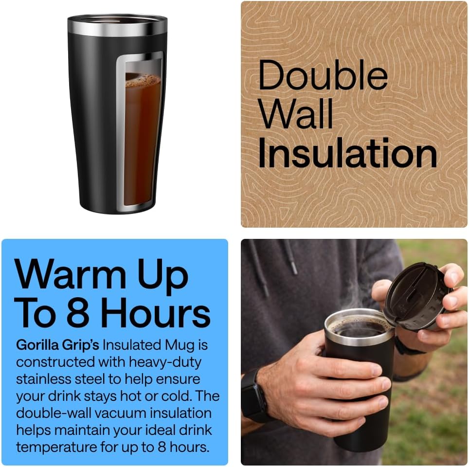 304 Stainless Steel Double Insulated Travel Coffee Mug, Leakproof Lid with Smooth Sip Top, Prevent Spills, Dent & Rust Resistant Reusable Tumbler Cup, Thermal Mugs for Drinks, 20oz, Black