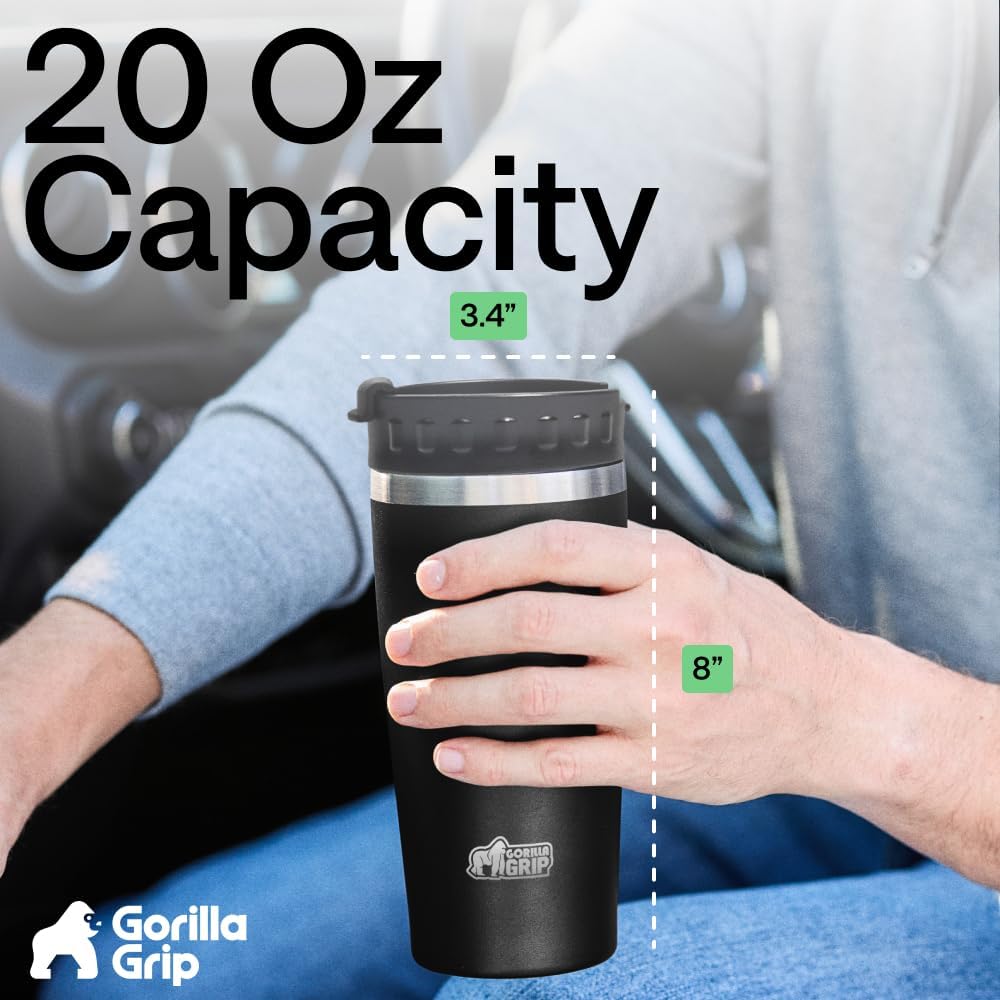 304 Stainless Steel Double Insulated Travel Coffee Mug, Leakproof Lid with Smooth Sip Top, Prevent Spills, Dent & Rust Resistant Reusable Tumbler Cup, Thermal Mugs for Drinks, 20oz, Black