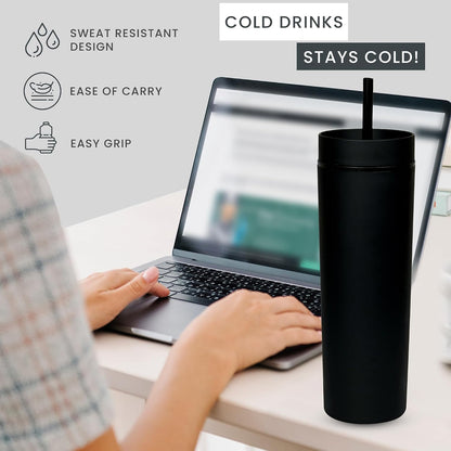 SKINNY TUMBLERS 4 Pack - Matte Pastel Colored Acrylic Tumbler with Lid and Straw- Perfect for Home, Travel |16oz Double Wall Reusable Plastic Tumbler w Straw Cleaner INCLUDED,LIGHT PINK