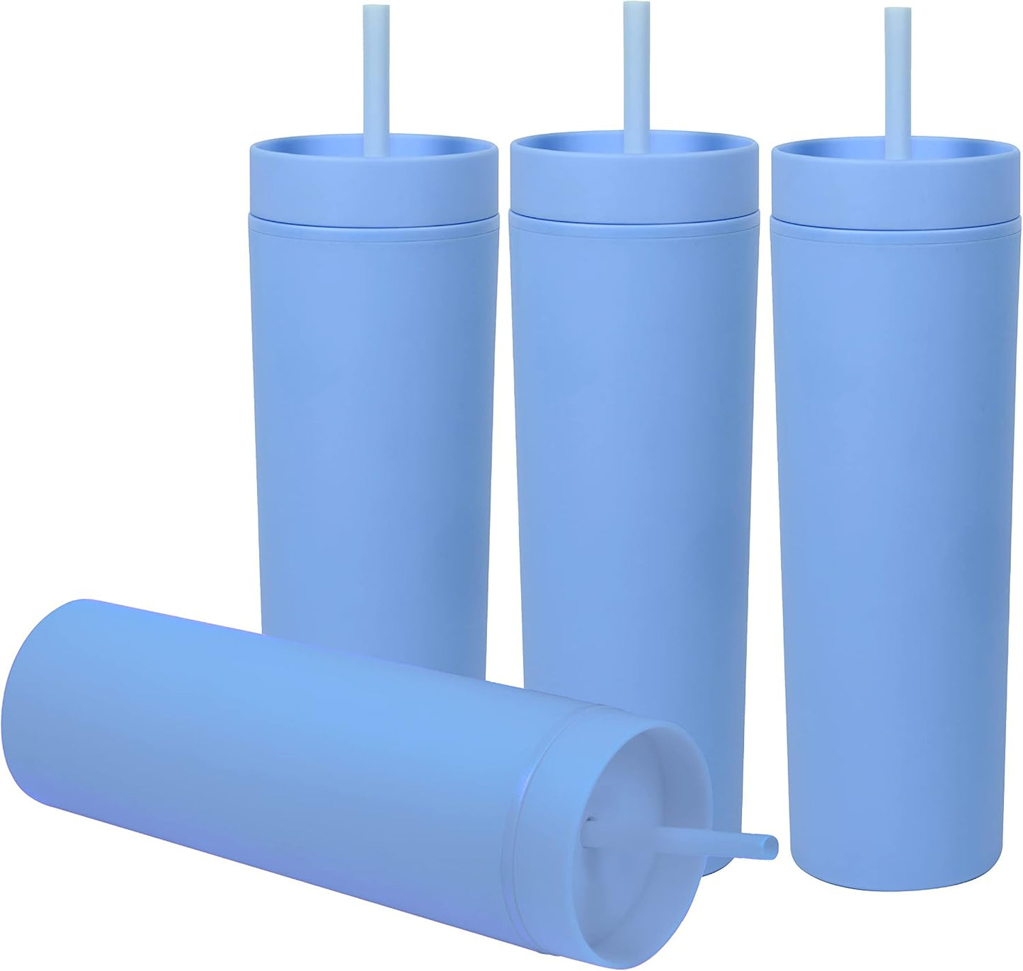 SKINNY TUMBLERS 4 Pack - Matte Pastel Colored Acrylic Tumbler with Lid and Straw- Perfect for Home, Travel |16oz Double Wall Reusable Plastic Tumbler w Straw Cleaner INCLUDED,LIGHT PINK