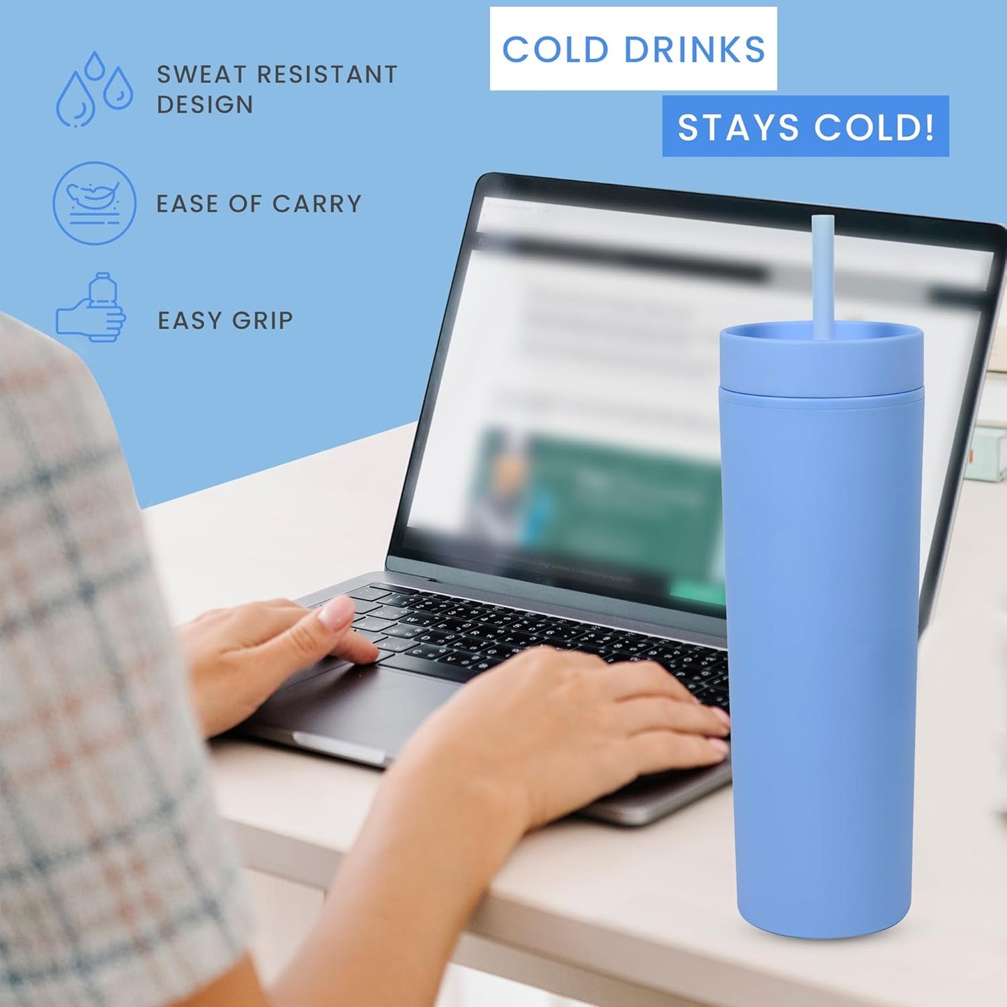 SKINNY TUMBLERS 4 Pack - Matte Pastel Colored Acrylic Tumbler with Lid and Straw- Perfect for Home, Travel |16oz Double Wall Reusable Plastic Tumbler w Straw Cleaner INCLUDED,LIGHT PINK