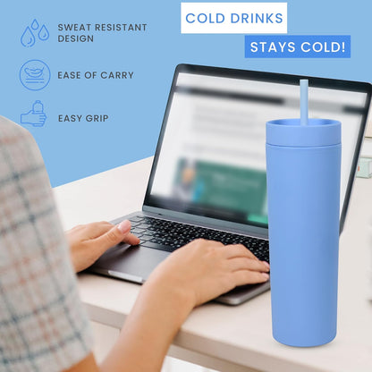 SKINNY TUMBLERS 4 Pack - Matte Pastel Colored Acrylic Tumbler with Lid and Straw- Perfect for Home, Travel |16oz Double Wall Reusable Plastic Tumbler w Straw Cleaner INCLUDED,LIGHT PINK