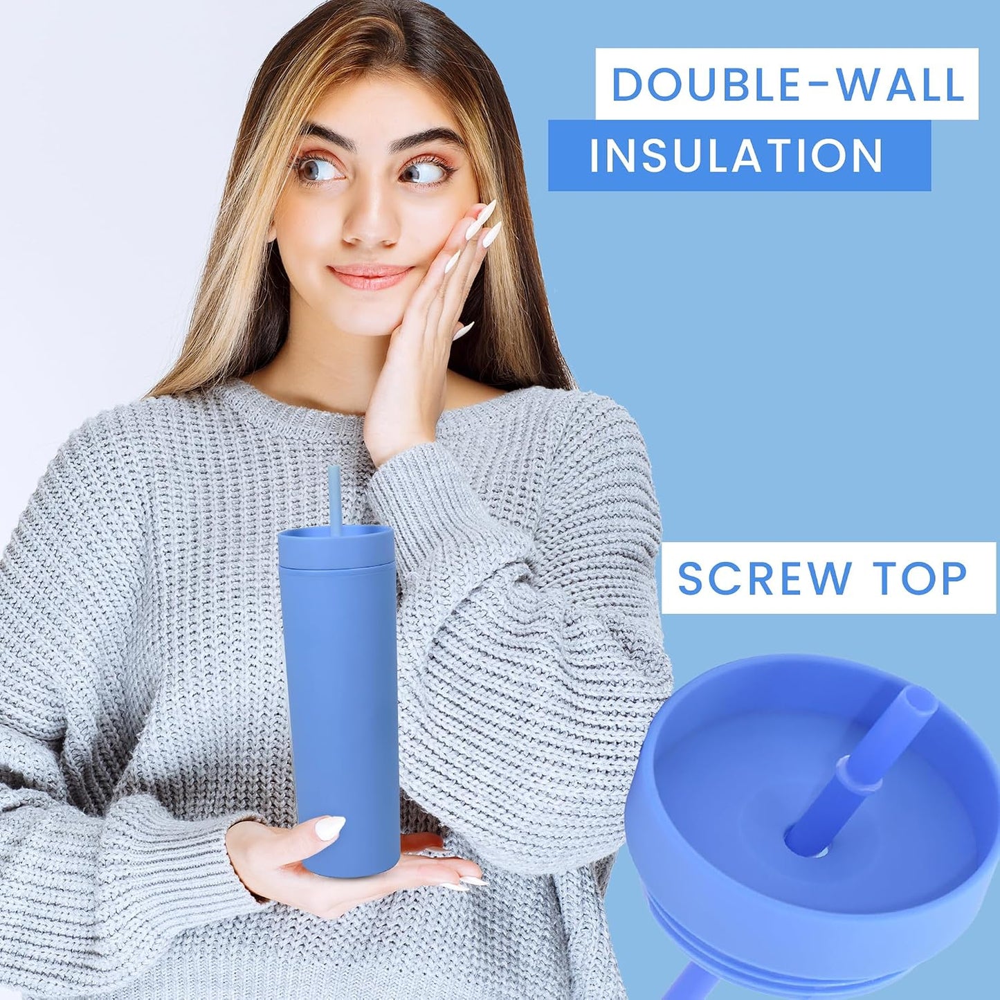 SKINNY TUMBLERS 4 Pack - Matte Pastel Colored Acrylic Tumbler with Lid and Straw- Perfect for Home, Travel |16oz Double Wall Reusable Plastic Tumbler w Straw Cleaner INCLUDED,LIGHT PINK