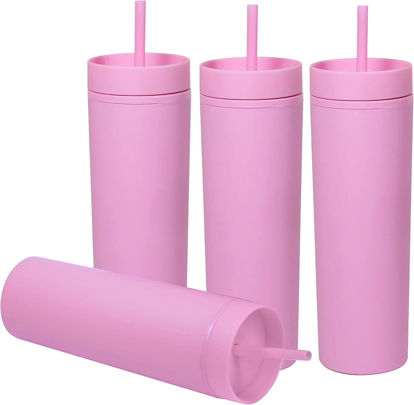 SKINNY TUMBLERS 4 Pack - Matte Pastel Colored Acrylic Tumbler with Lid and Straw- Perfect for Home, Travel |16oz Double Wall Reusable Plastic Tumbler w Straw Cleaner INCLUDED,LIGHT PINK