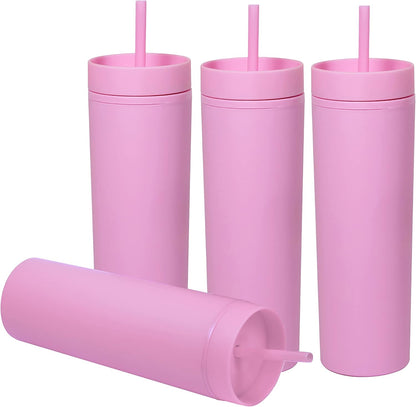 SKINNY TUMBLERS 4 Pack - Matte Pastel Colored Acrylic Tumbler with Lid and Straw- Perfect for Home, Travel |16oz Double Wall Reusable Plastic Tumbler w Straw Cleaner INCLUDED,LIGHT PINK