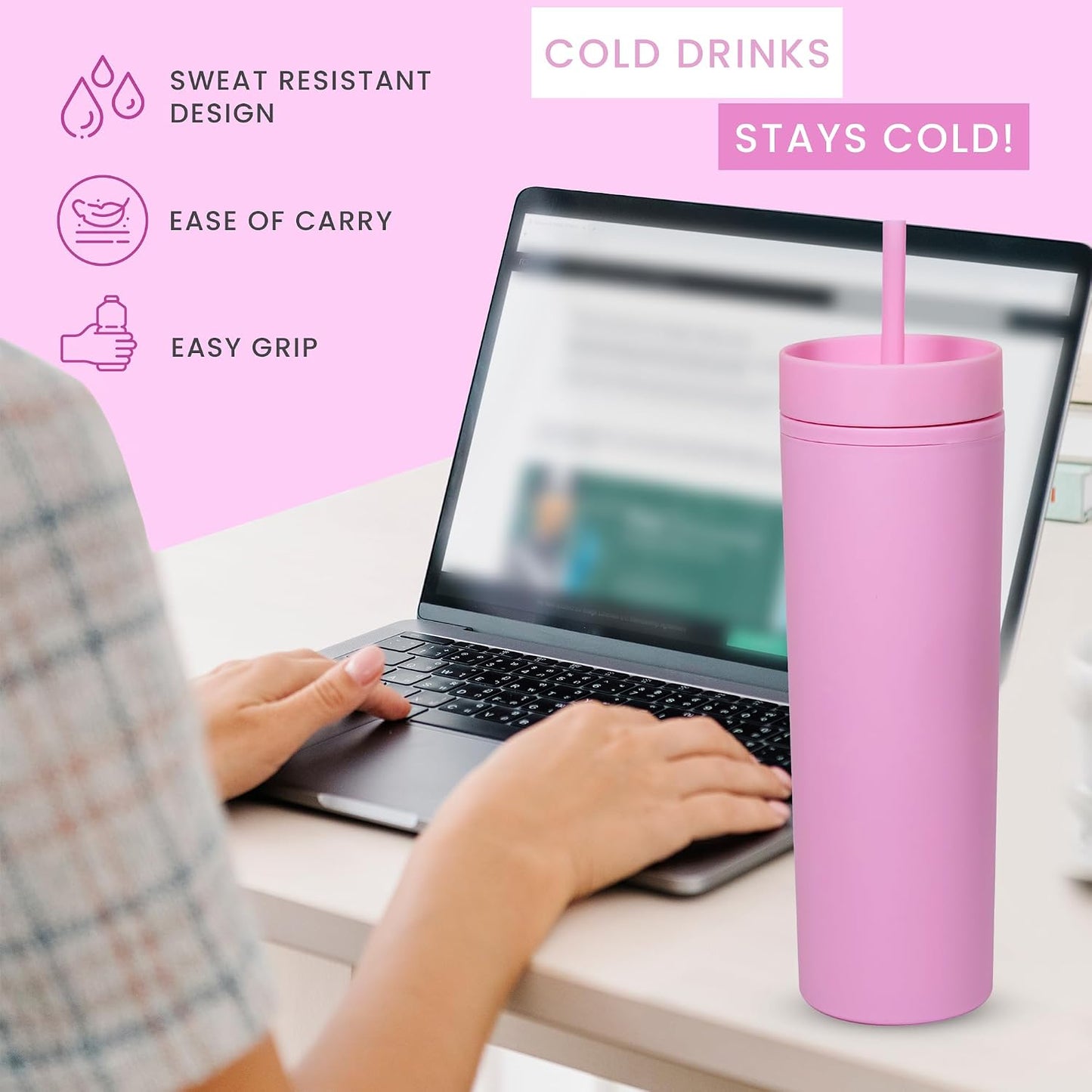 SKINNY TUMBLERS 4 Pack - Matte Pastel Colored Acrylic Tumbler with Lid and Straw- Perfect for Home, Travel |16oz Double Wall Reusable Plastic Tumbler w Straw Cleaner INCLUDED,LIGHT PINK