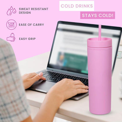 SKINNY TUMBLERS 4 Pack - Matte Pastel Colored Acrylic Tumbler with Lid and Straw- Perfect for Home, Travel |16oz Double Wall Reusable Plastic Tumbler w Straw Cleaner INCLUDED,LIGHT PINK