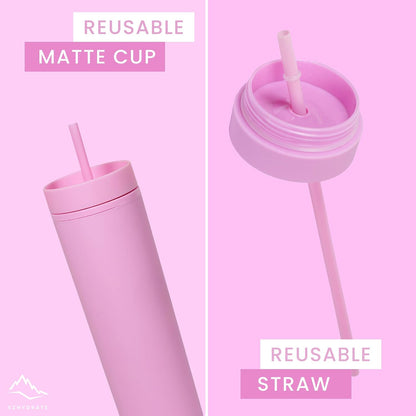 SKINNY TUMBLERS 4 Pack - Matte Pastel Colored Acrylic Tumbler with Lid and Straw- Perfect for Home, Travel |16oz Double Wall Reusable Plastic Tumbler w Straw Cleaner INCLUDED,LIGHT PINK
