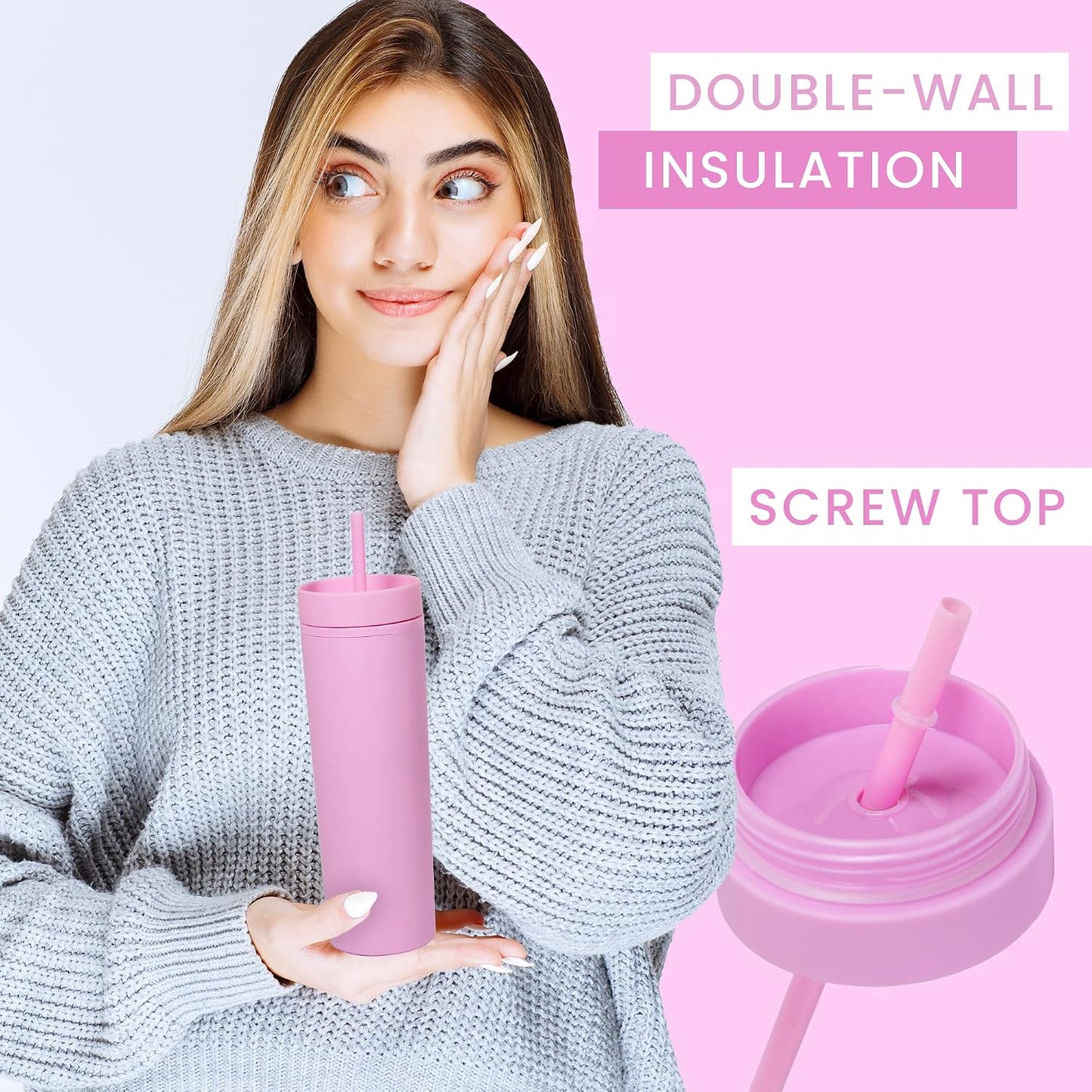 SKINNY TUMBLERS 4 Pack - Matte Pastel Colored Acrylic Tumbler with Lid and Straw- Perfect for Home, Travel |16oz Double Wall Reusable Plastic Tumbler w Straw Cleaner INCLUDED,LIGHT PINK
