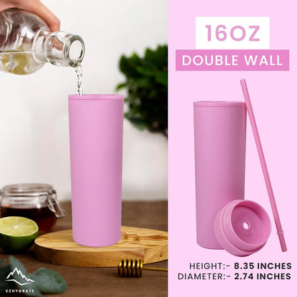 SKINNY TUMBLERS 4 Pack - Matte Pastel Colored Acrylic Tumbler with Lid and Straw- Perfect for Home, Travel |16oz Double Wall Reusable Plastic Tumbler w Straw Cleaner INCLUDED,LIGHT PINK