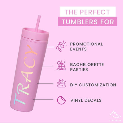 SKINNY TUMBLERS 4 Pack - Matte Pastel Colored Acrylic Tumbler with Lid and Straw- Perfect for Home, Travel |16oz Double Wall Reusable Plastic Tumbler w Straw Cleaner INCLUDED,LIGHT PINK