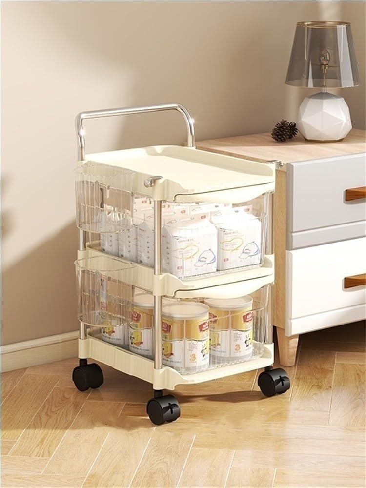 2/3/4-Tier Rolling Storage Cart, Plastic Storage Drawers with Side Hanging Baskets, Mobile Utility Diaper Caddy Organizer for Changing Table, Bedroom(Beige,23.6IN(2-Tier))