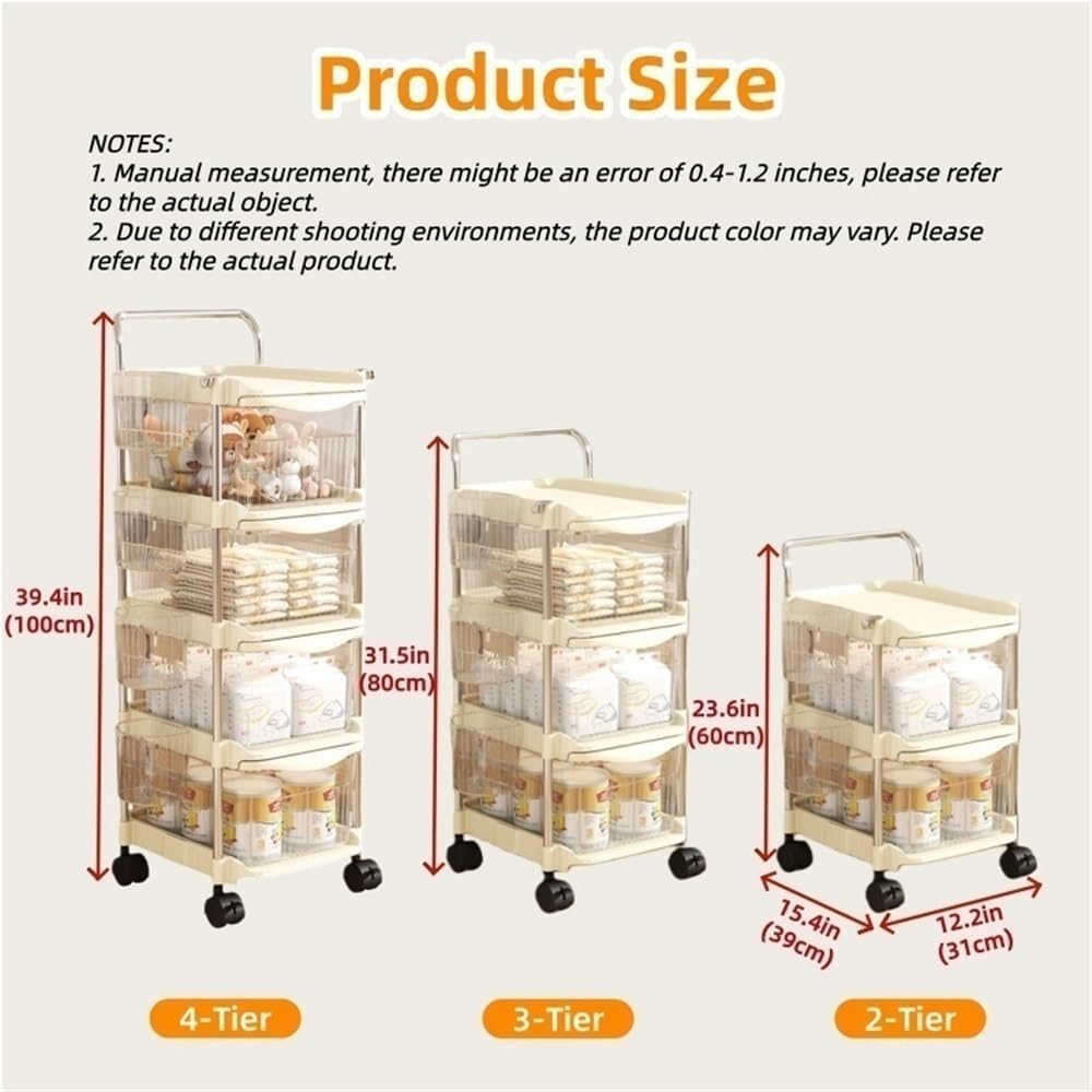 2/3/4-Tier Rolling Storage Cart, Plastic Storage Drawers with Side Hanging Baskets, Mobile Utility Diaper Caddy Organizer for Changing Table, Bedroom(Beige,23.6IN(2-Tier))