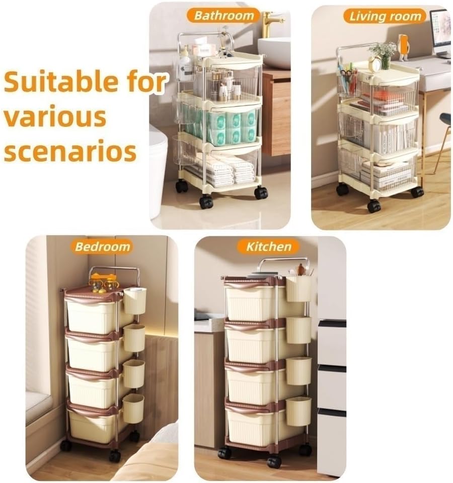 2/3/4-Tier Rolling Storage Cart, Plastic Storage Drawers with Side Hanging Baskets, Mobile Utility Diaper Caddy Organizer for Changing Table, Bedroom(Beige,23.6IN(2-Tier))