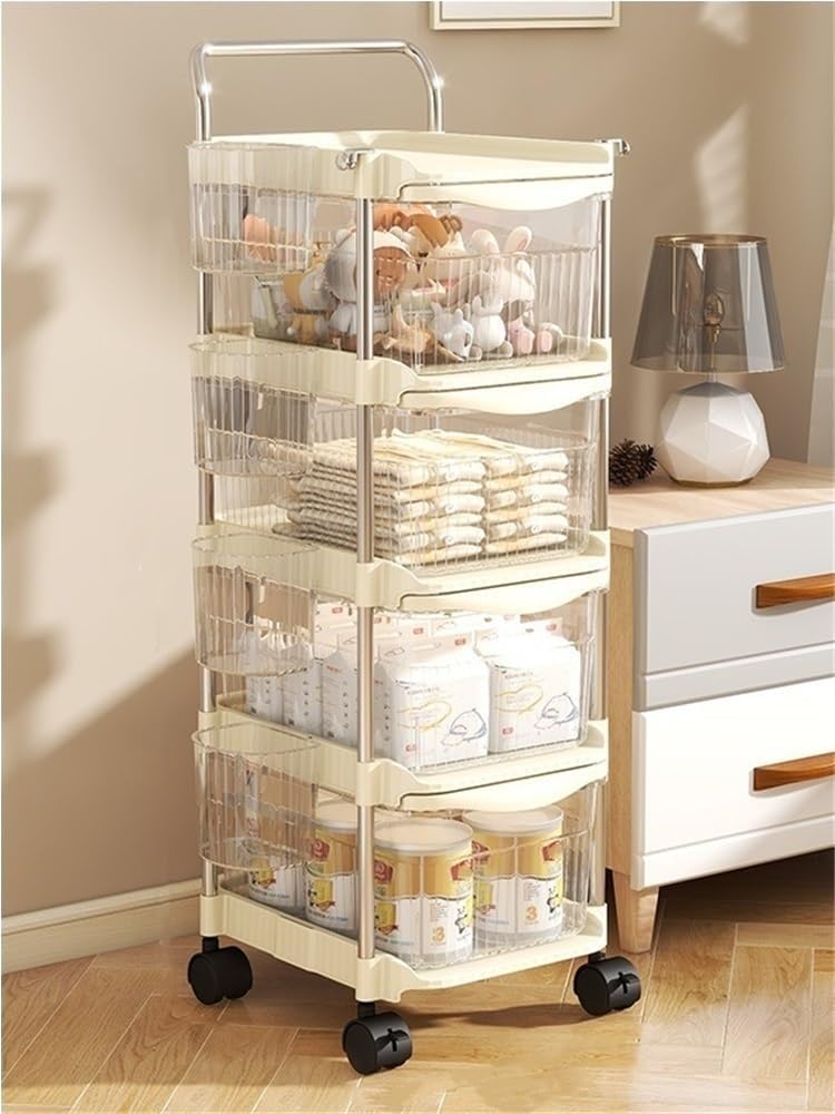 2/3/4-Tier Rolling Storage Cart, Plastic Storage Drawers with Side Hanging Baskets, Mobile Utility Diaper Caddy Organizer for Changing Table, Bedroom(Beige,23.6IN(2-Tier))