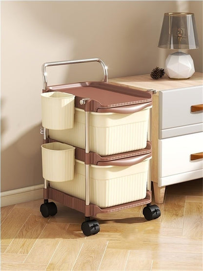 2/3/4-Tier Rolling Storage Cart, Plastic Storage Drawers with Side Hanging Baskets, Mobile Utility Diaper Caddy Organizer for Changing Table, Bedroom(Beige,23.6IN(2-Tier))