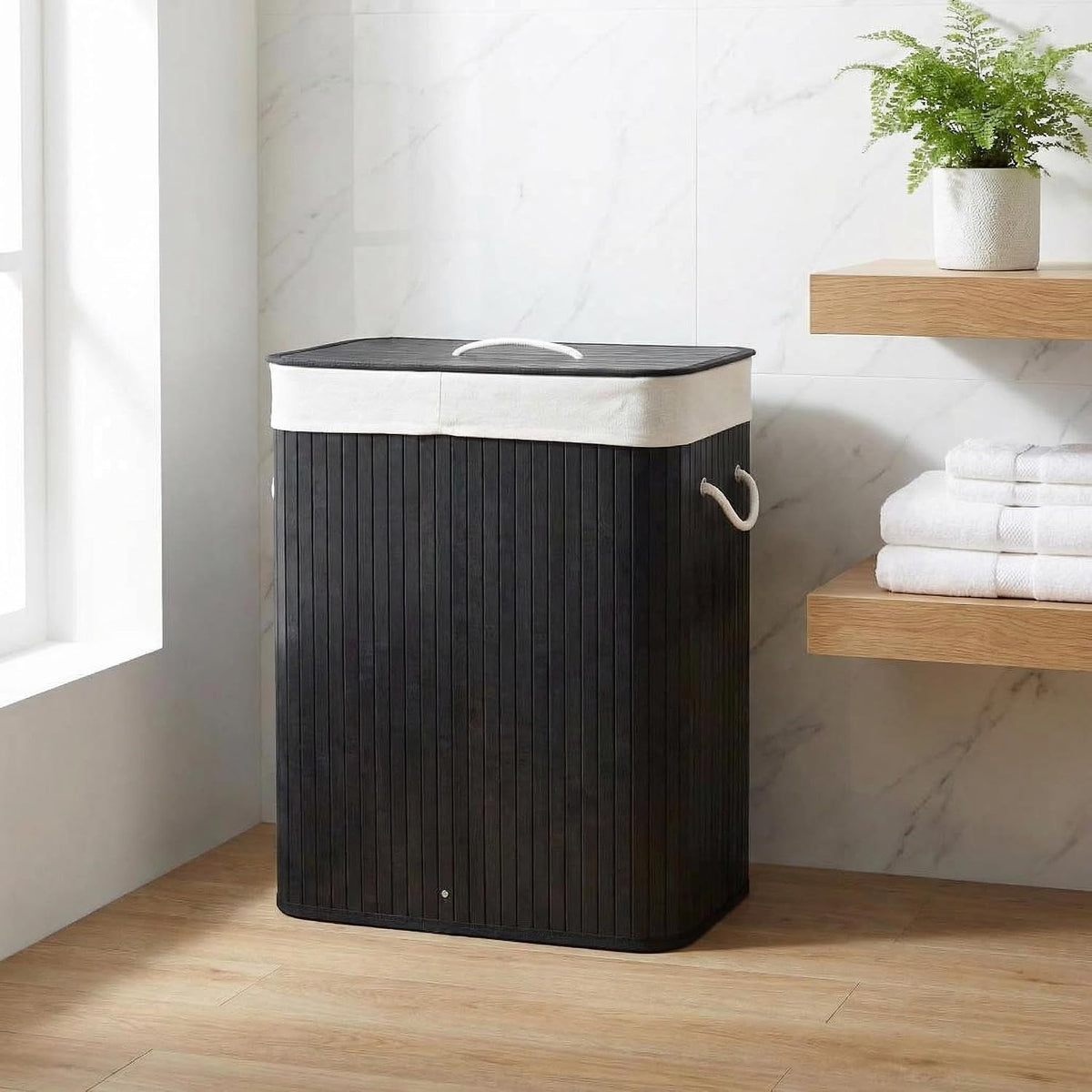 Bamboo Laundry Hamper Large 58L with Removable 2-Section Liner, Foldable Storage Basket with Lid and Handles for Bedroom, Laundry Room, Small Spaces – Natural - Triangle