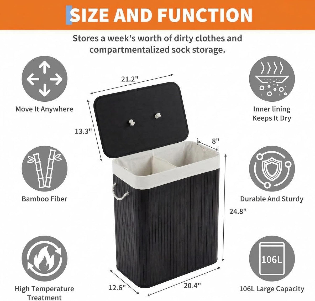 Bamboo Laundry Hamper Large 58L with Removable 2-Section Liner, Foldable Storage Basket with Lid and Handles for Bedroom, Laundry Room, Small Spaces – Natural - Triangle