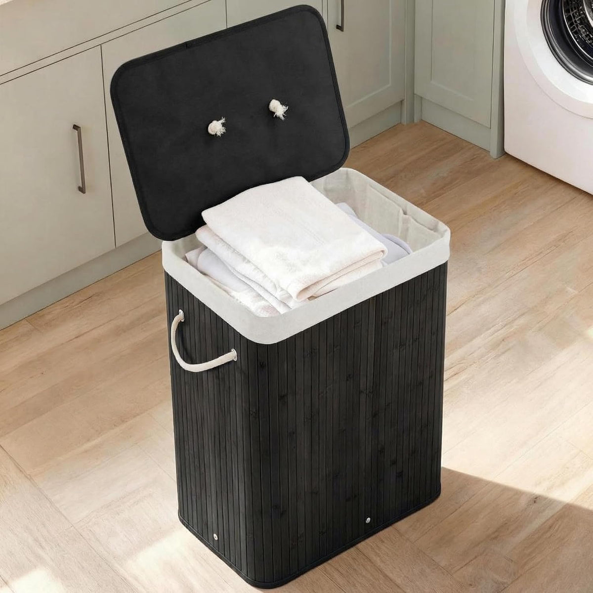 Bamboo Laundry Hamper Large 58L with Removable 2-Section Liner, Foldable Storage Basket with Lid and Handles for Bedroom, Laundry Room, Small Spaces – Natural - Triangle