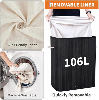 Bamboo Laundry Hamper Large 58L with Removable 2-Section Liner, Foldable Storage Basket with Lid and Handles for Bedroom, Laundry Room, Small Spaces – Natural - Triangle