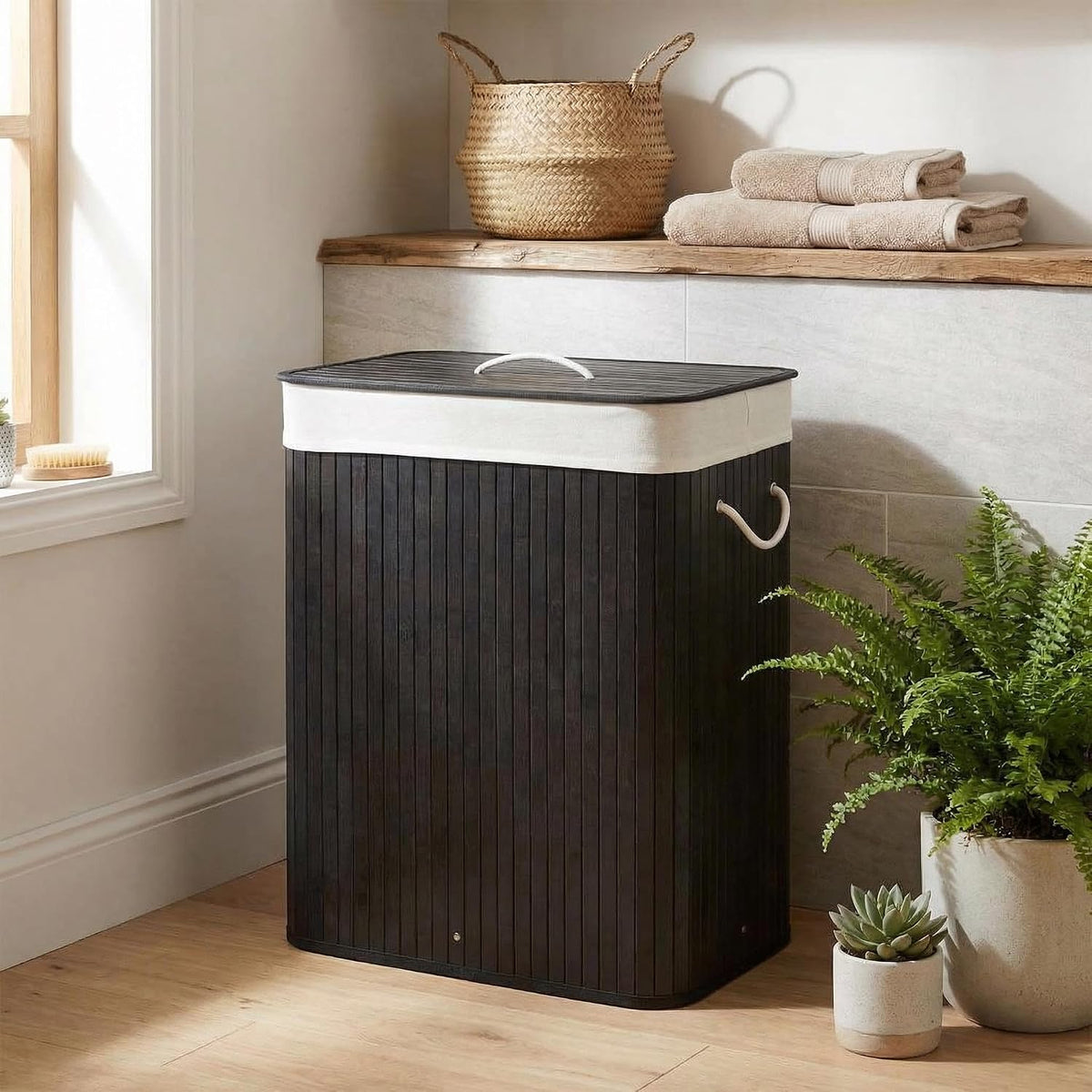 Bamboo Laundry Hamper Large 58L with Removable 2-Section Liner, Foldable Storage Basket with Lid and Handles for Bedroom, Laundry Room, Small Spaces – Natural - Triangle