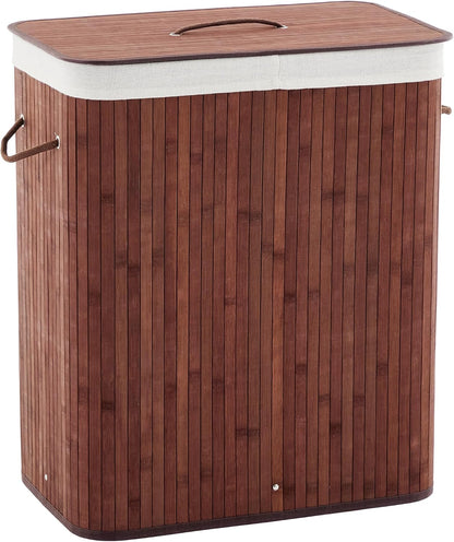 Bamboo Laundry Hamper Large 58L with Removable 2-Section Liner, Foldable Storage Basket with Lid and Handles for Bedroom, Laundry Room, Small Spaces – Natural - Triangle