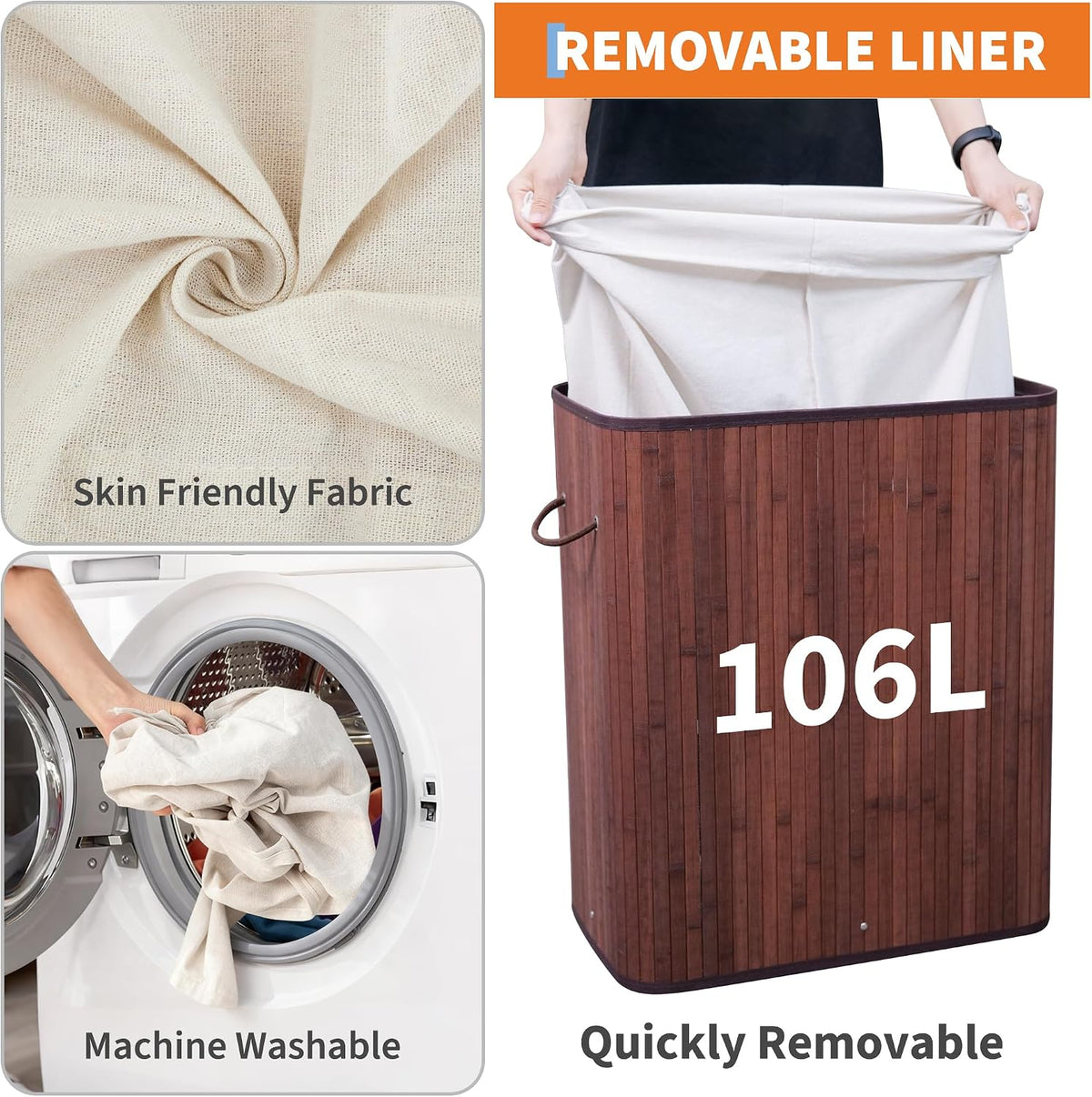 Bamboo Laundry Hamper Large 58L with Removable 2-Section Liner, Foldable Storage Basket with Lid and Handles for Bedroom, Laundry Room, Small Spaces – Natural - Triangle