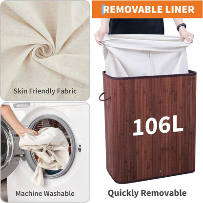 Bamboo Laundry Hamper Large 58L with Removable 2-Section Liner, Foldable Storage Basket with Lid and Handles for Bedroom, Laundry Room, Small Spaces – Natural - Triangle
