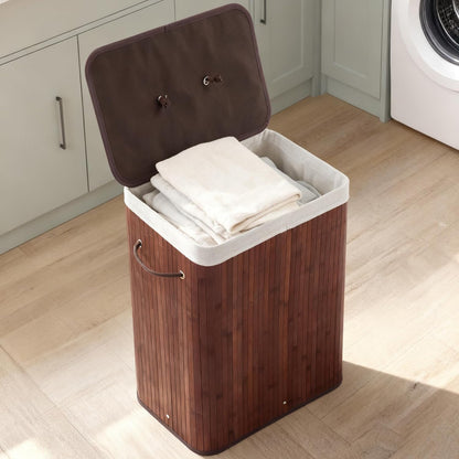 Bamboo Laundry Hamper Large 58L with Removable 2-Section Liner, Foldable Storage Basket with Lid and Handles for Bedroom, Laundry Room, Small Spaces – Natural - Triangle