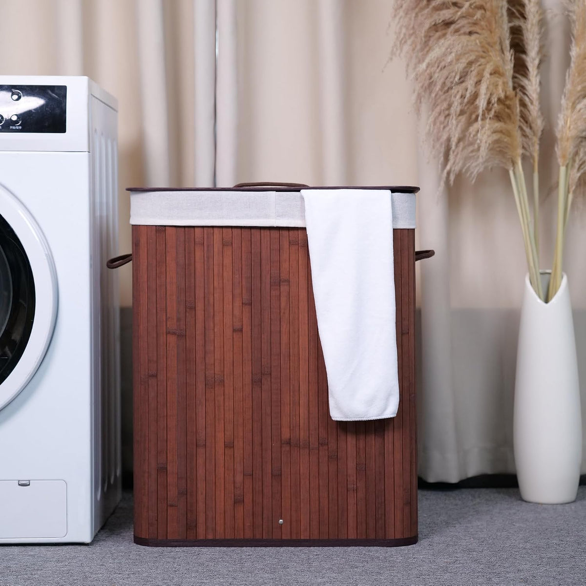 Bamboo Laundry Hamper Large 58L with Removable 2-Section Liner, Foldable Storage Basket with Lid and Handles for Bedroom, Laundry Room, Small Spaces – Natural - Triangle