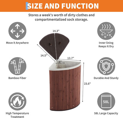 Bamboo Laundry Hamper Large 58L with Removable 2-Section Liner, Foldable Storage Basket with Lid and Handles for Bedroom, Laundry Room, Small Spaces – Natural - Triangle