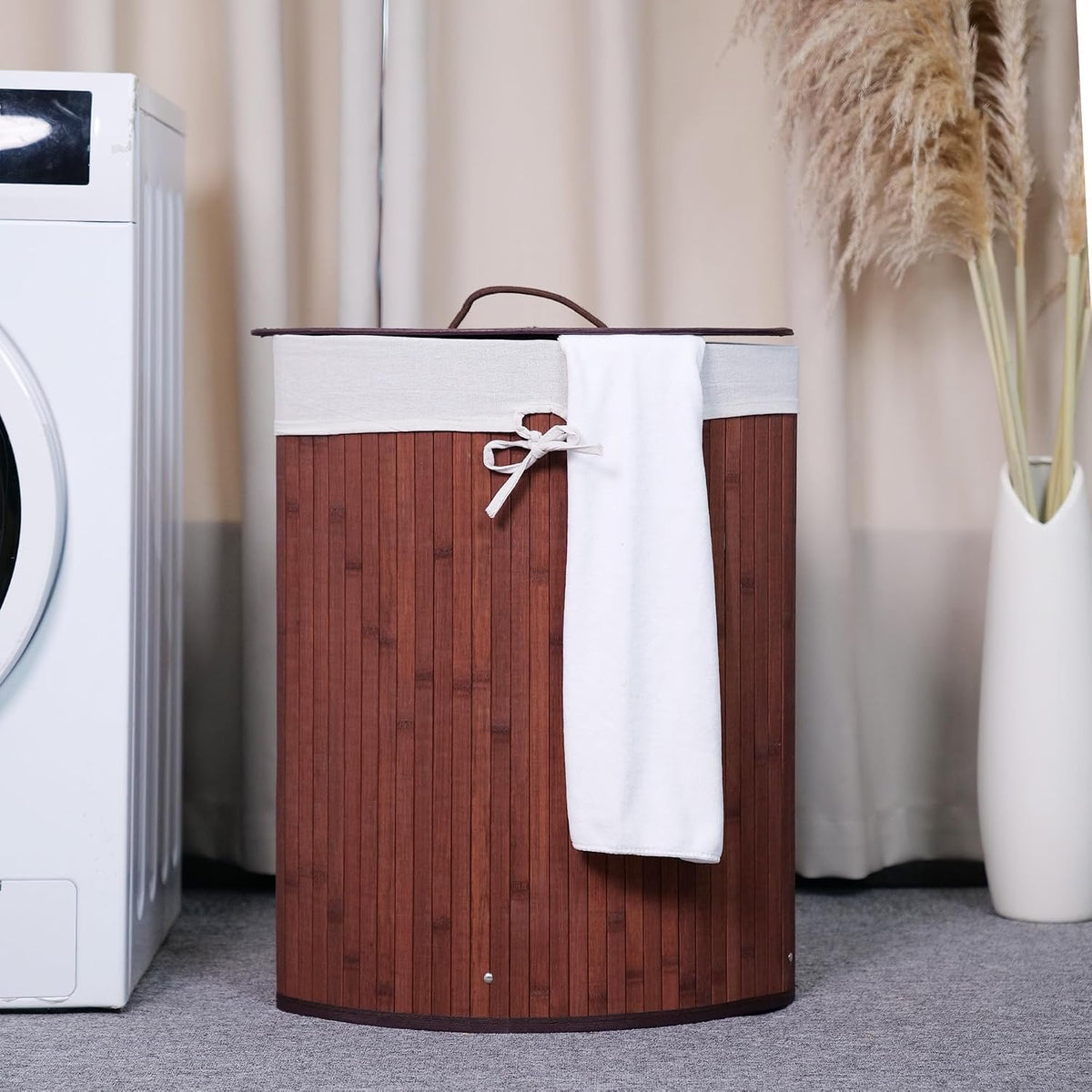 Bamboo Laundry Hamper Large 58L with Removable 2-Section Liner, Foldable Storage Basket with Lid and Handles for Bedroom, Laundry Room, Small Spaces – Natural - Triangle