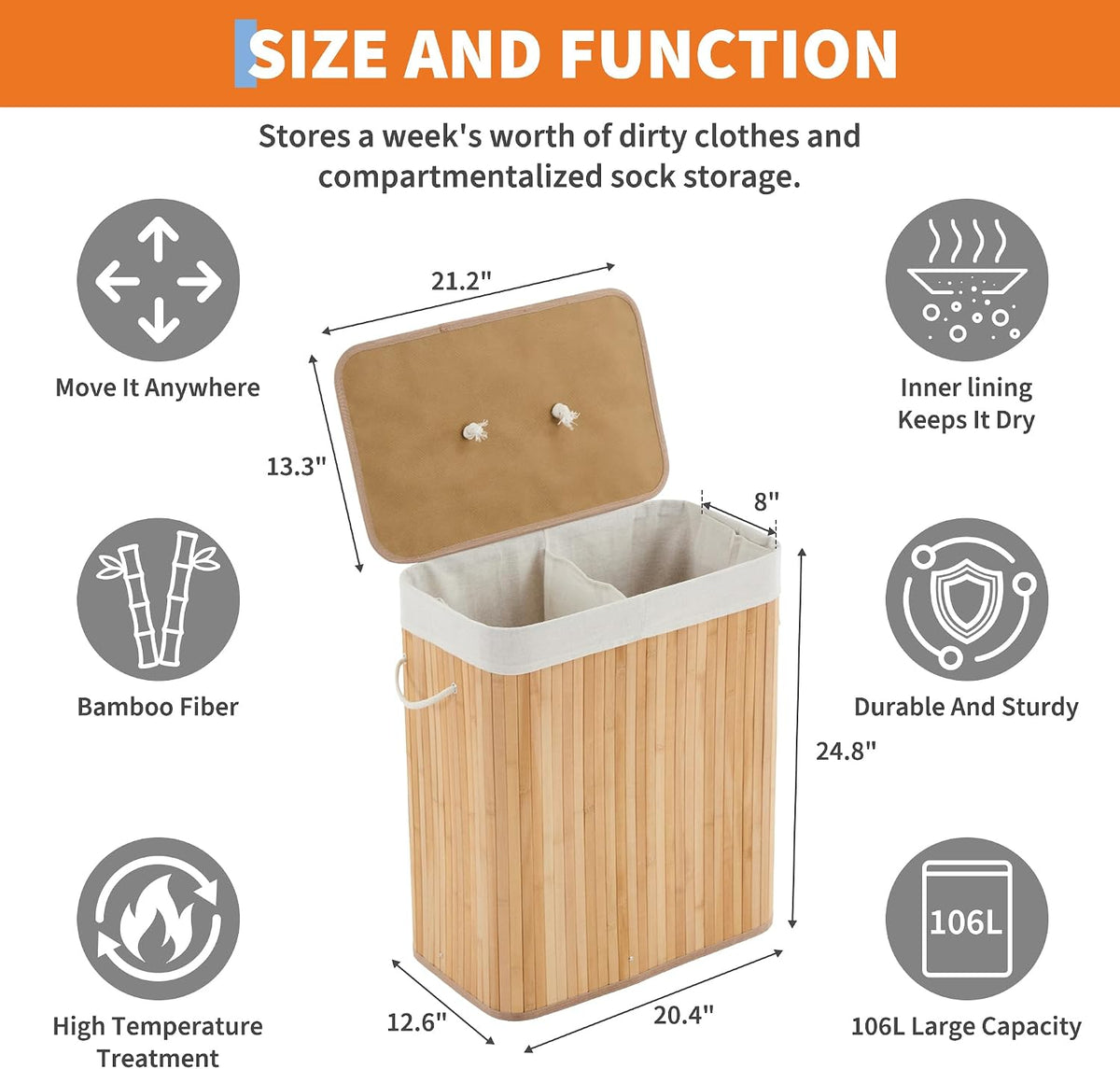 Bamboo Laundry Hamper Large 58L with Removable 2-Section Liner, Foldable Storage Basket with Lid and Handles for Bedroom, Laundry Room, Small Spaces – Natural - Triangle