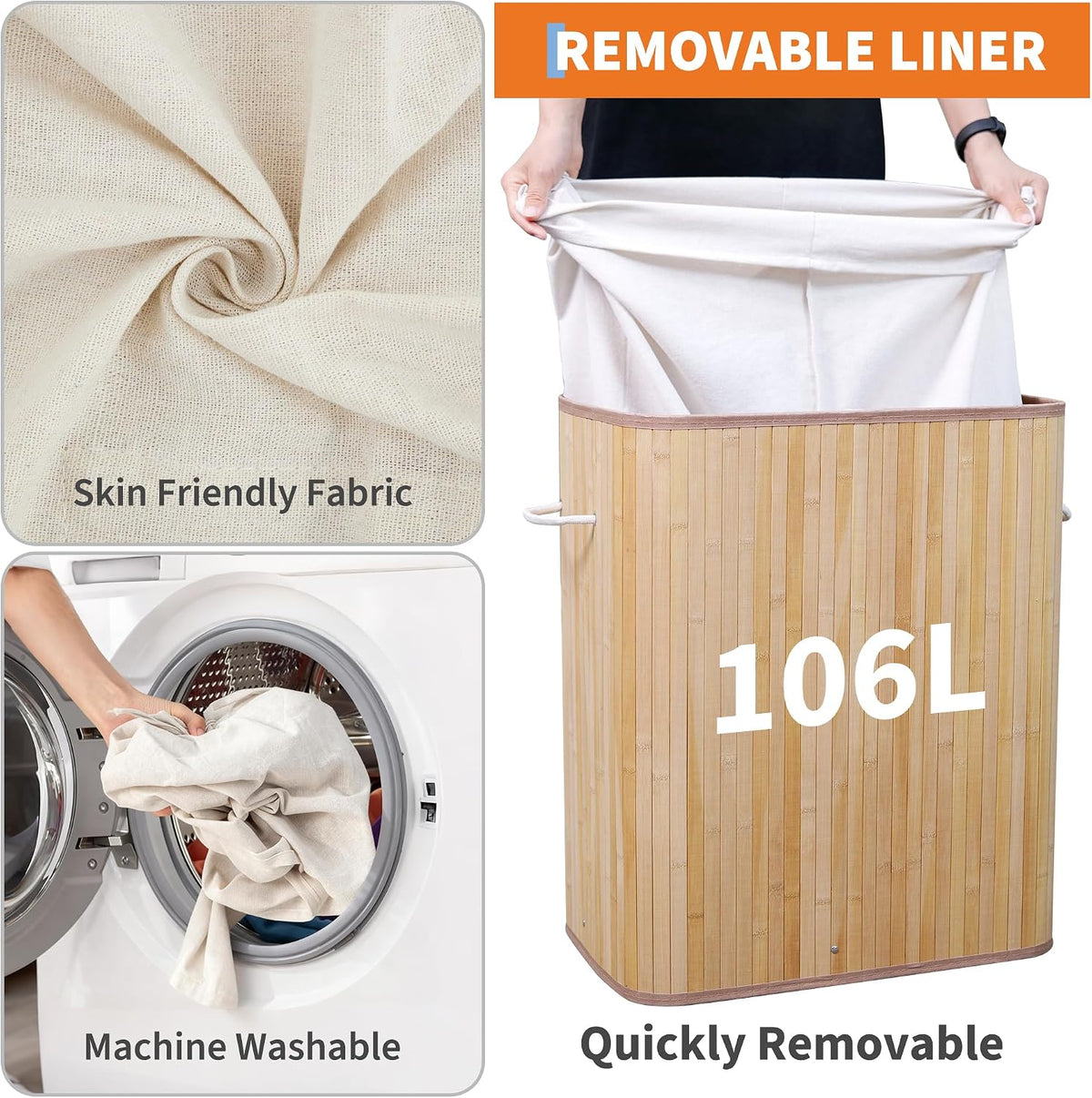Bamboo Laundry Hamper Large 58L with Removable 2-Section Liner, Foldable Storage Basket with Lid and Handles for Bedroom, Laundry Room, Small Spaces – Natural - Triangle