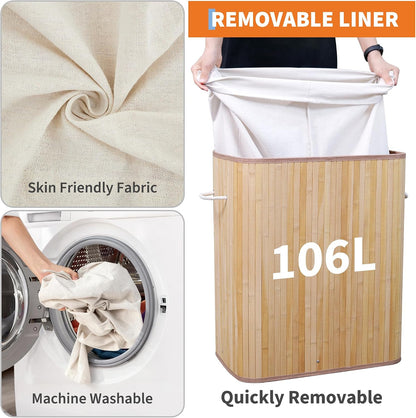 Bamboo Laundry Hamper Large 58L with Removable 2-Section Liner, Foldable Storage Basket with Lid and Handles for Bedroom, Laundry Room, Small Spaces – Natural - Triangle