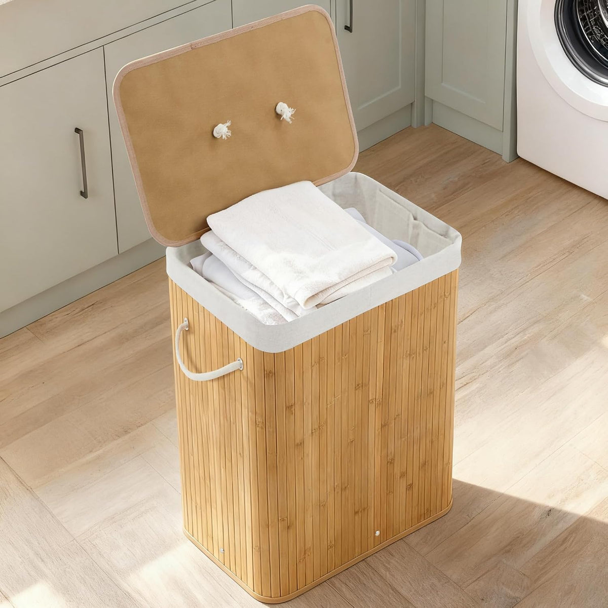 Bamboo Laundry Hamper Large 58L with Removable 2-Section Liner, Foldable Storage Basket with Lid and Handles for Bedroom, Laundry Room, Small Spaces – Natural - Triangle