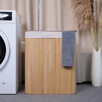 Bamboo Laundry Hamper Large 58L with Removable 2-Section Liner, Foldable Storage Basket with Lid and Handles for Bedroom, Laundry Room, Small Spaces – Natural - Triangle