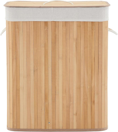 Bamboo Laundry Hamper Large 58L with Removable 2-Section Liner, Foldable Storage Basket with Lid and Handles for Bedroom, Laundry Room, Small Spaces – Natural - Triangle